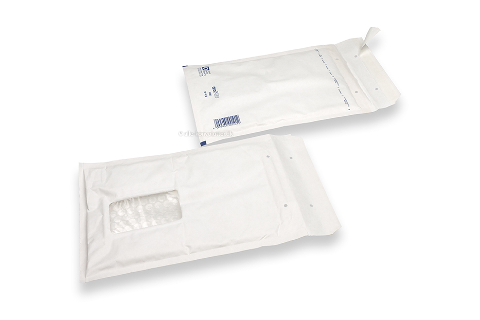 Hvid boblekuvert med rude - 175 x 265 mm, rude til venstre 55 x 90 mm, rude positioneret 30 mm fra venstre og 70 mm fra top