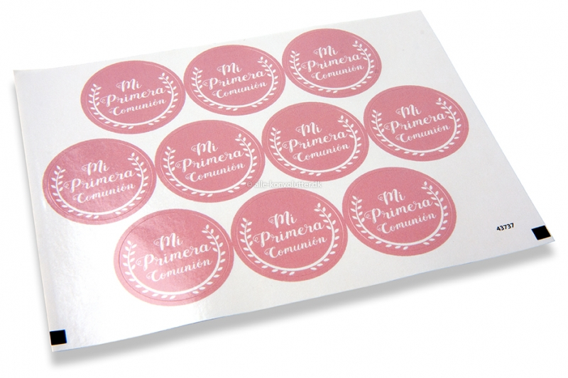 Klistermærker til kuverter ifm. kommunion - Mi primera comunión, lyserøde med hvid blomsterkrans