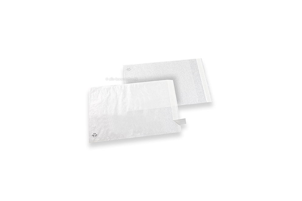 Hvide pergamynkuverter med dækstrimmel - 130 x 150 mm