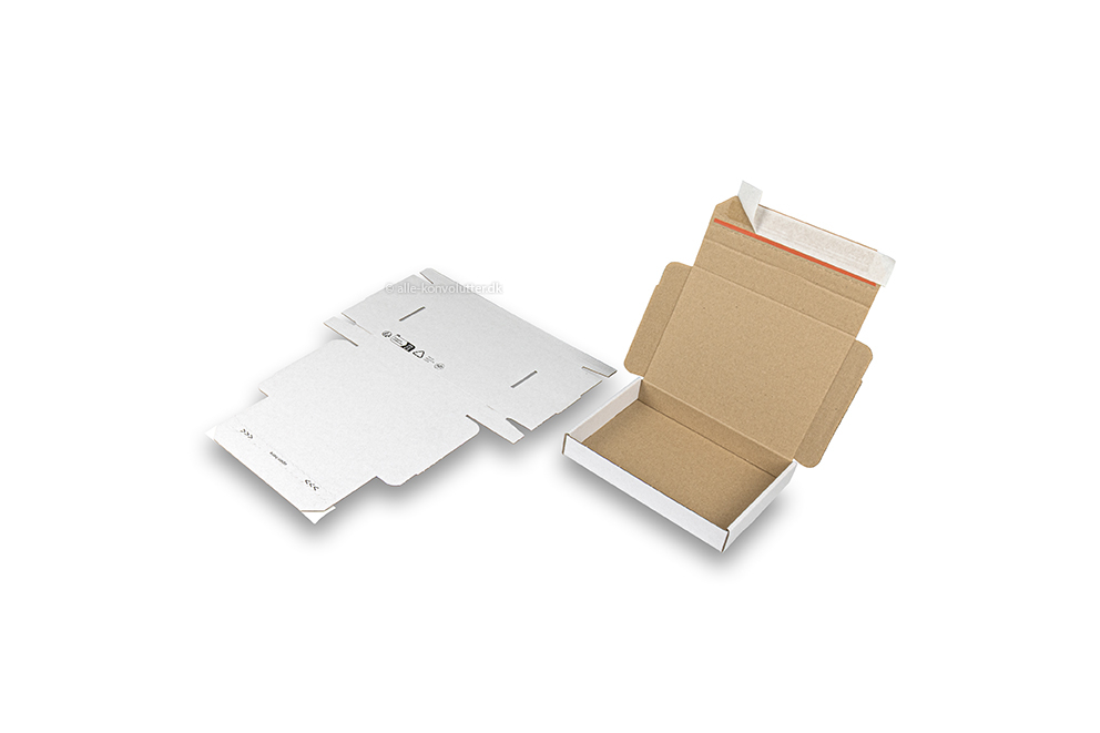 Sammenfoldelige postæsker med dækstrimmel - 160 x 120 x 25 mm (A6), hvid